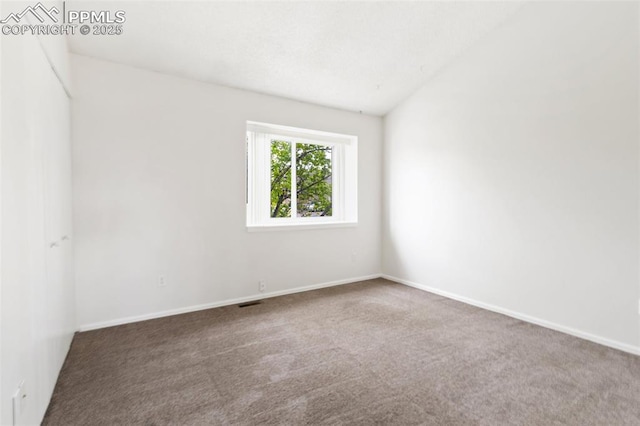 empty room with baseboards, carpet flooring, and lofted ceiling