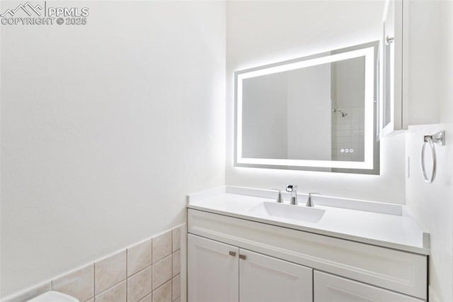 bathroom with a shower and vanity