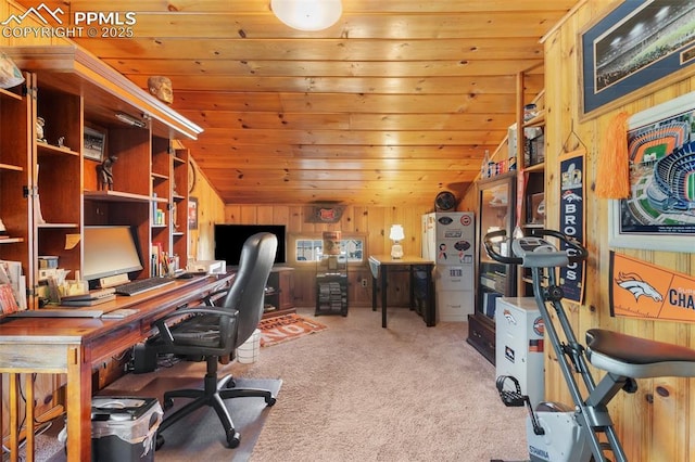 office featuring wooden walls, wooden ceiling, carpet flooring, and lofted ceiling