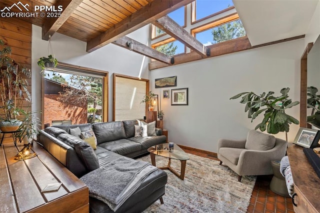 living room with a skylight, wood ceiling, and beamed ceiling
