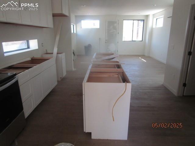1019 Race St, Colorado Springs, CO 80904 - kitchen with wood finished floors, white cabinetry, and electric stove