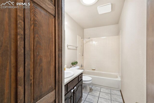 full bathroom with toilet, shower / bathing tub combination, tile patterned flooring, and vanity