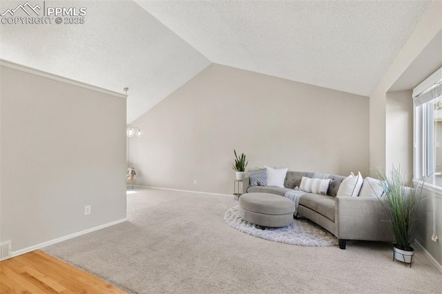living room with baseboards, carpet floors, a textured ceiling, and lofted ceiling