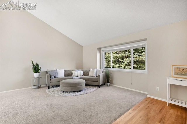 living room with baseboards, wood finished floors, and vaulted ceiling