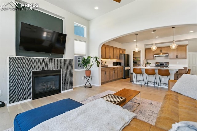 10323 Elevated Ln, Colorado Springs, CO 80924 - living area with light wood finished floors, a fireplace, and recessed lighting