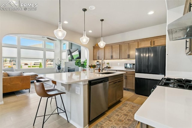 10323 Elevated Ln, Colorado Springs, CO 80924 - kitchen featuring a sink, open floor plan, wall chimney exhaust hood, black appliances, and light wood-style floors
