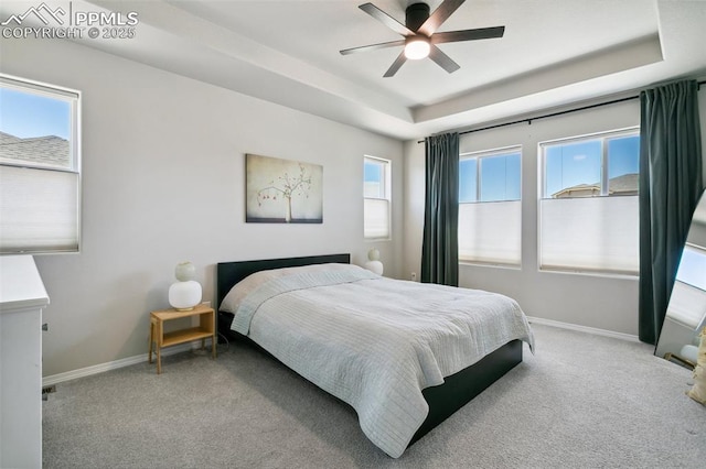 10323 Elevated Ln, Colorado Springs, CO 80924 - bedroom with baseboards, a tray ceiling, ceiling fan, and carpet floors