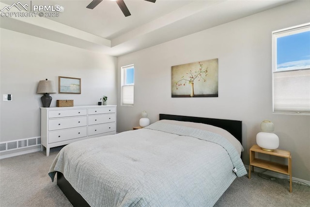 10323 Elevated Ln, Colorado Springs, CO 80924 - carpeted bedroom featuring visible vents, baseboards, a raised ceiling, and ceiling fan