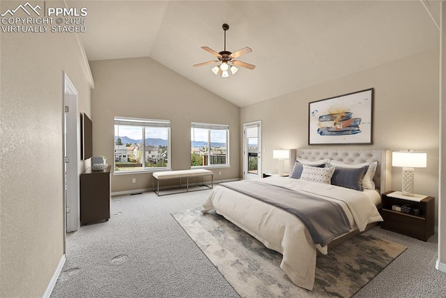 bedroom featuring baseboards, carpet, a ceiling fan, and high vaulted ceiling