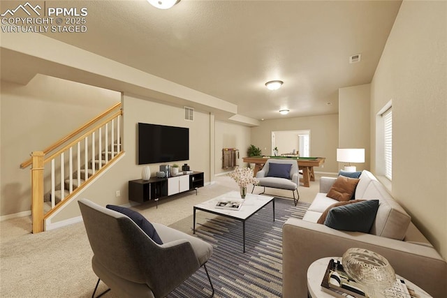 living area with carpet floors, stairs, pool table, and visible vents