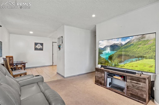 2246 Bison Dr, Colorado Springs, CO 80911 - tiled living room featuring carpet flooring, recessed lighting, a textured ceiling, and baseboards