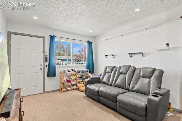 2246 Bison Dr, Colorado Springs, CO 80911 - carpeted living area featuring baseboards, recessed lighting, and a textured ceiling
