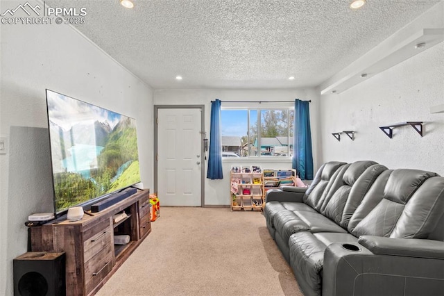 2246 Bison Dr, Colorado Springs, CO 80911 - living room featuring recessed lighting, carpet flooring, and a textured ceiling