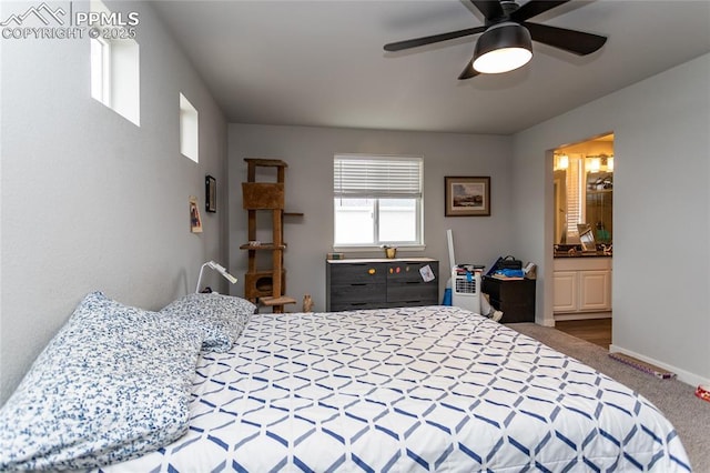 bedroom featuring carpet, baseboards, and a ceiling fan
