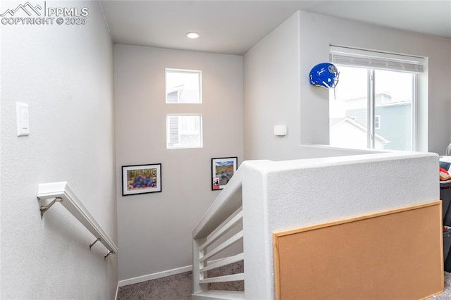 staircase featuring baseboards, carpet flooring, a healthy amount of sunlight, and recessed lighting
