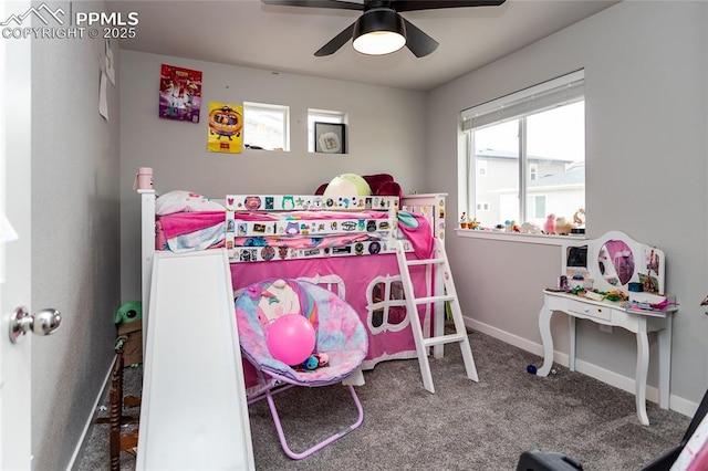 bedroom with baseboards, ceiling fan, and carpet