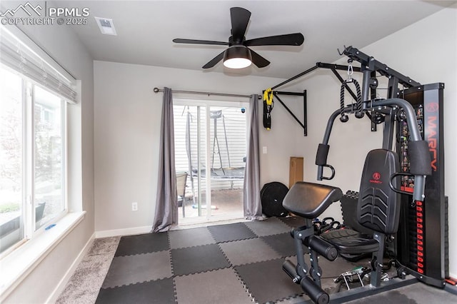 exercise area featuring ceiling fan, a wealth of natural light, and visible vents