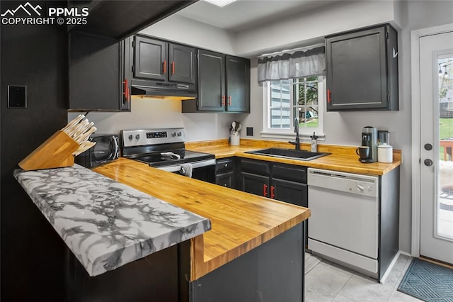 3319 Queen Anne Way, Colorado Springs, CO 80917 - kitchen with wooden counters, white dishwasher, under cabinet range hood, a sink, and stainless steel range with electric cooktop