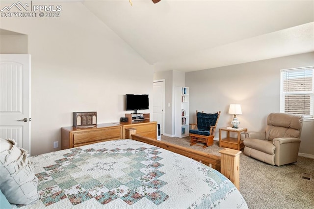 bedroom featuring high vaulted ceiling, baseboards, and carpet flooring