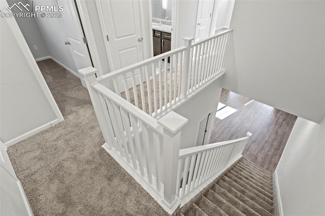 stairs featuring baseboards and carpet flooring