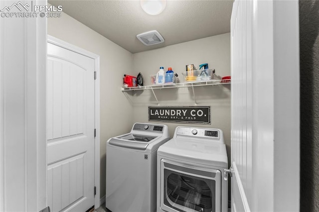 6647 Weiser Dr, Colorado Springs, CO 80925 - laundry area featuring laundry area, washer and clothes dryer, a textured ceiling, and visible vents