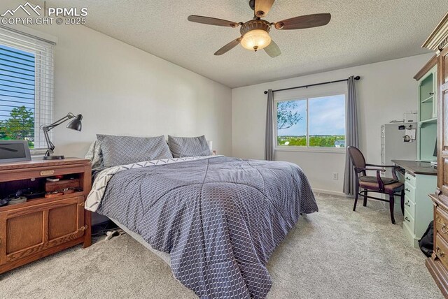 16440 Eastonville Rd, Elbert, CO 80106 - bedroom with light carpet, a textured ceiling, and ceiling fan