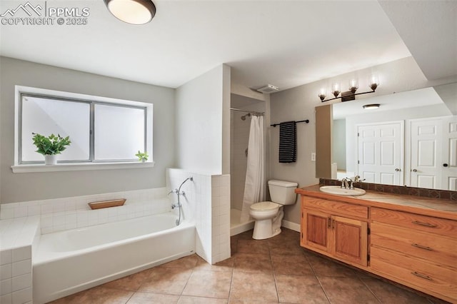 full bath featuring toilet, a shower with curtain, vanity, tile patterned floors, and a garden tub