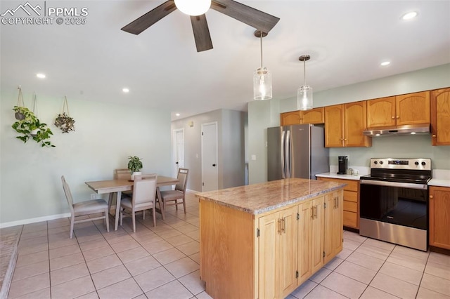 kitchen featuring a ceiling fan, recessed lighting, under cabinet range hood, light tile patterned floors, and stainless steel appliances