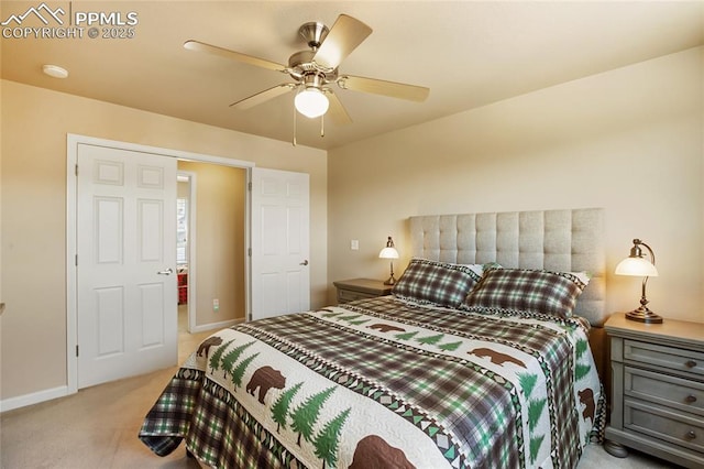 bedroom featuring baseboards, light carpet, and a ceiling fan