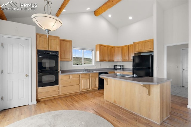 kitchen with light wood-style floors, high vaulted ceiling, beamed ceiling, and black appliances