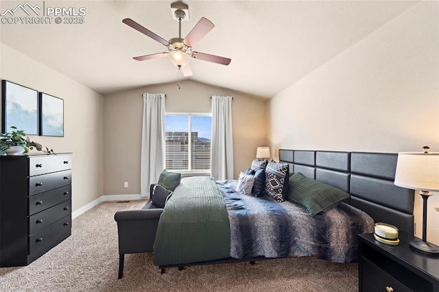 2972 Namib Dr, Colorado Springs, CO 80939 - bedroom with baseboards, a ceiling fan, carpet, and lofted ceiling