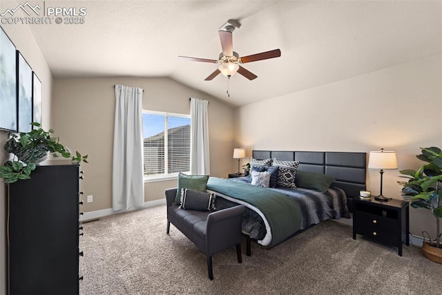 2972 Namib Dr, Colorado Springs, CO 80939 - bedroom featuring vaulted ceiling, baseboards, a ceiling fan, and carpet flooring