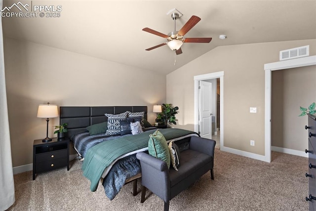2972 Namib Dr, Colorado Springs, CO 80939 - carpeted bedroom with baseboards, a ceiling fan, lofted ceiling, and visible vents