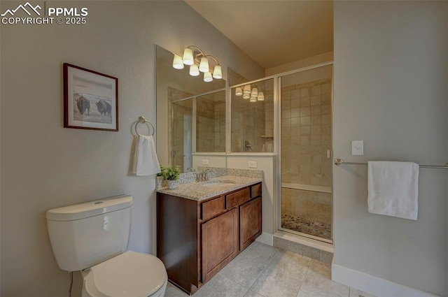 275 Eclipse Dr, Colorado Springs, CO 80905 - bathroom with tile patterned floors, a stall shower, toilet, and vanity
