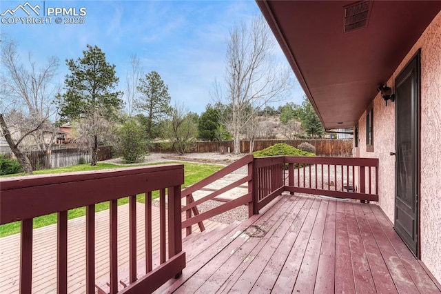 10 Gold Coin Ct, Colorado Springs, CO 80919 - wooden terrace featuring a fenced backyard, a yard, and visible vents