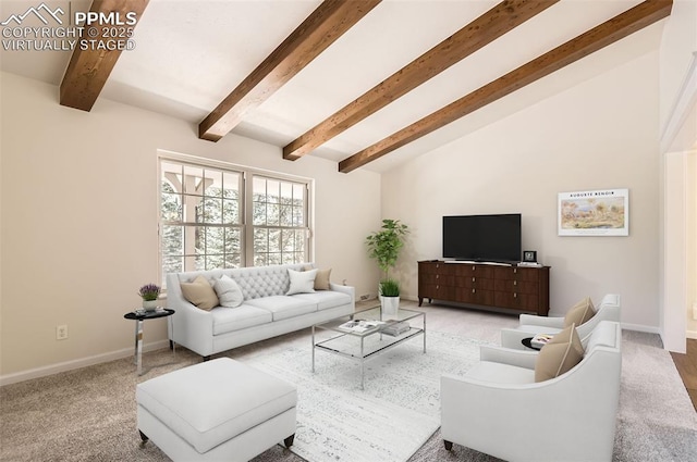 living area featuring carpet flooring, baseboards, and vaulted ceiling with beams
