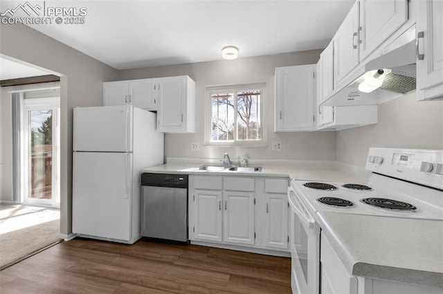3435 Montebello Dr, Colorado Springs, CO 80918 - kitchen with white appliances, white cabinets, under cabinet range hood, and a sink