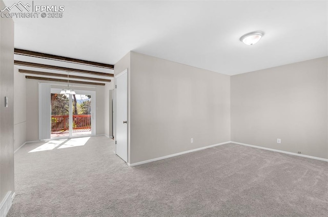 3435 Montebello Dr, Colorado Springs, CO 80918 - carpeted empty room featuring an inviting chandelier, baseboards, and beam ceiling