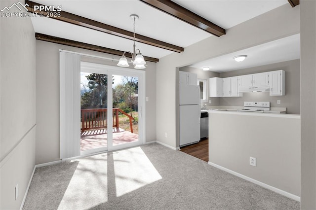 3435 Montebello Dr, Colorado Springs, CO 80918 - kitchen featuring beam ceiling, dark colored carpet, an inviting chandelier, under cabinet range hood, and white appliances