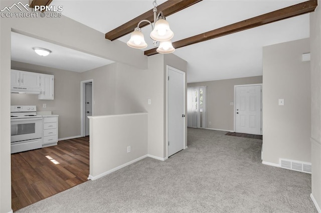 3435 Montebello Dr, Colorado Springs, CO 80918 - kitchen featuring carpet flooring, an inviting chandelier, under cabinet range hood, visible vents, and white electric range