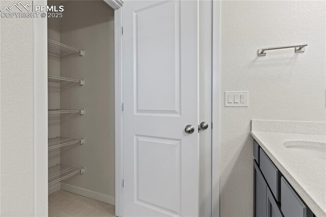 9803 Blaurock Dr, Fountain, CO 80817 - bathroom featuring baseboards, a spacious closet, tile patterned flooring, and vanity