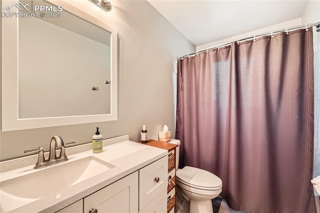bathroom with toilet, a shower with shower curtain, and vanity