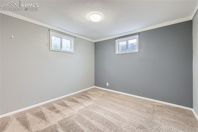 basement featuring carpet, plenty of natural light, baseboards, and a textured ceiling