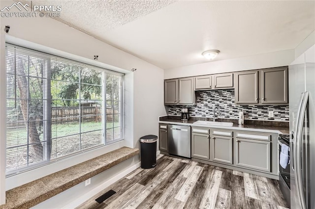 kitchen featuring backsplash, a sink, appliances with stainless steel finishes, and gray cabinets