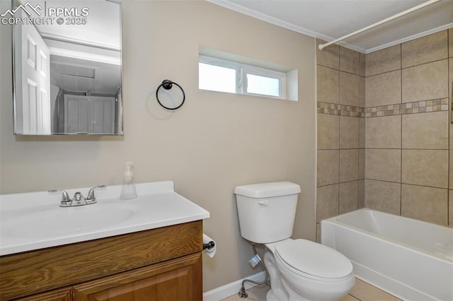 full bath with vanity, baseboards, toilet, ornamental molding, and tub / shower combination