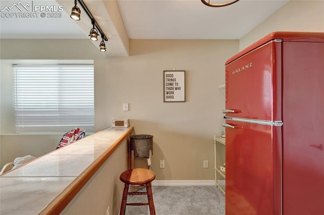 interior space with carpet, track lighting, baseboards, and freestanding refrigerator