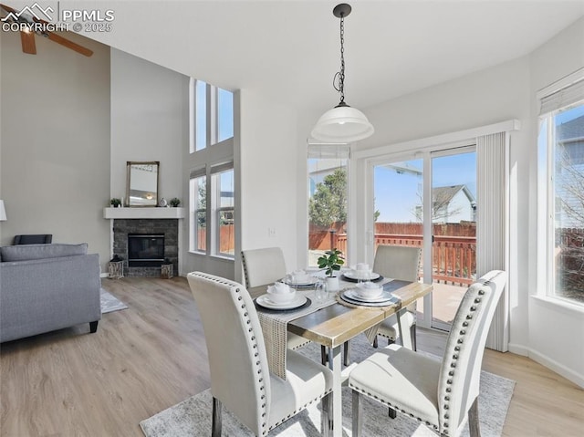 dining area with a healthy amount of sunlight, light wood finished floors, and a fireplace