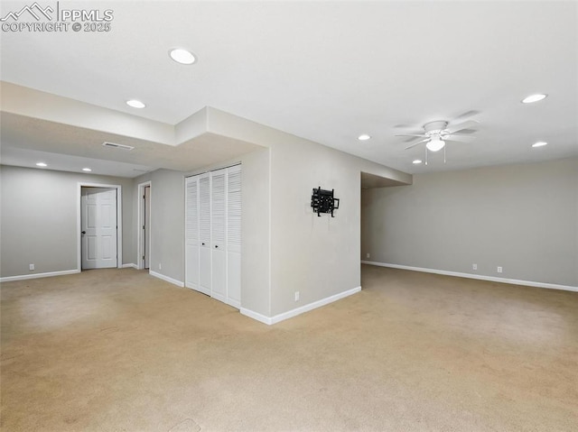 unfurnished room featuring recessed lighting, baseboards, light colored carpet, and a ceiling fan