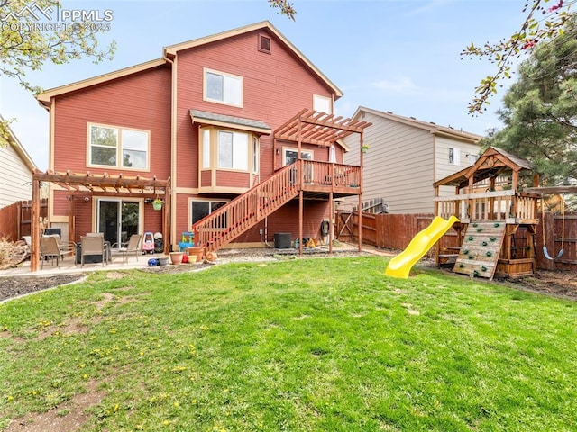 5346 Gentle Wind Rd, Colorado Springs, CO 80922 - back of house with a pergola, a playground, a patio area, and cooling unit