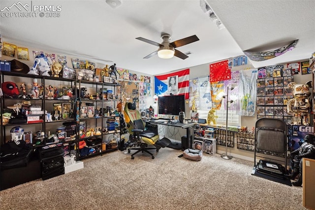 office area with carpet flooring and ceiling fan